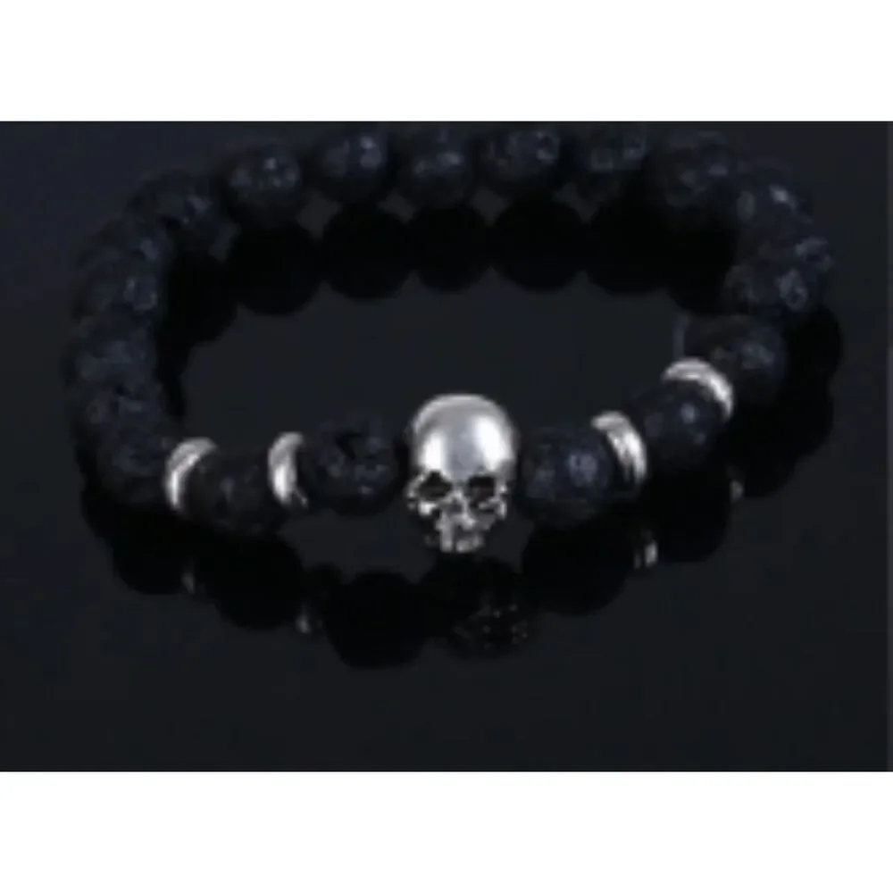 Silver Skull Skeleton Black Lava Stone Essential Oil Women's Stretch Bracelet